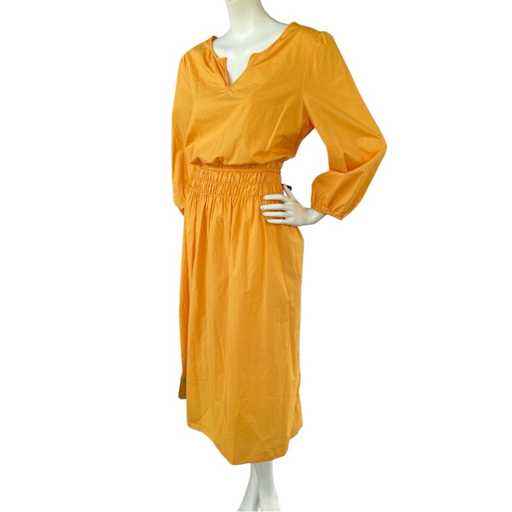 TALBOTS Smocked Poplin Yellow A-Line Midi Dress Split Neckline 3/4 Sleeve Sz 10 - Picture 6 of 16